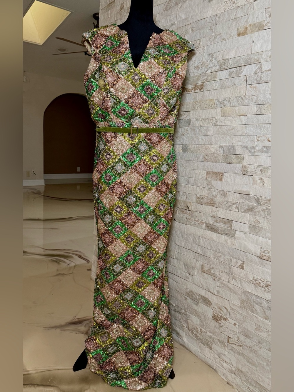 Green & Gold Sequin Evening Gown
